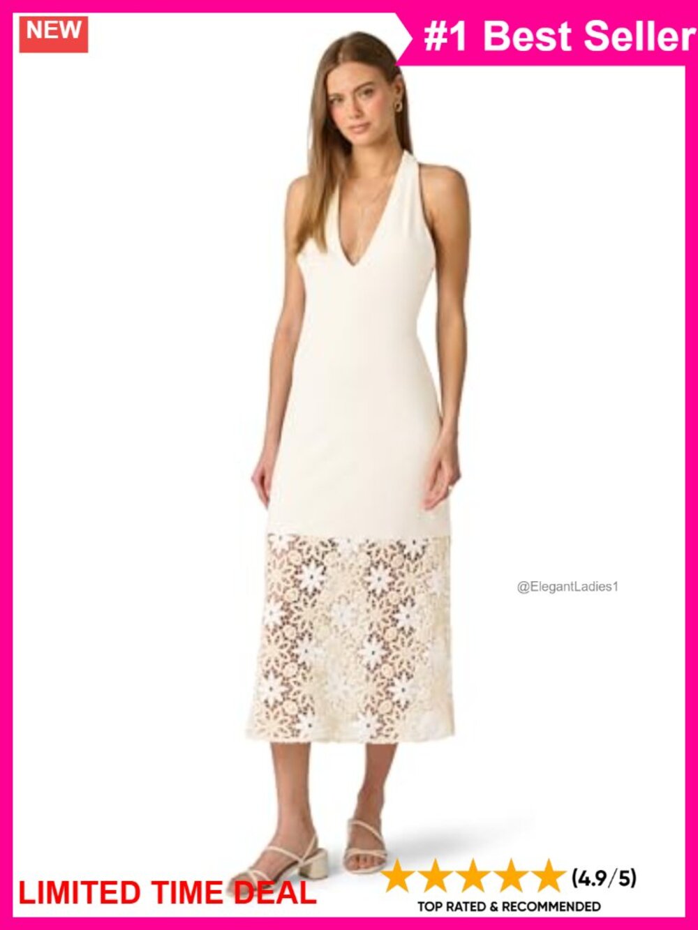 Halter Midi Dress Floral Crochet Hem Stretch Knit Sleeveless V-Neck Sheath